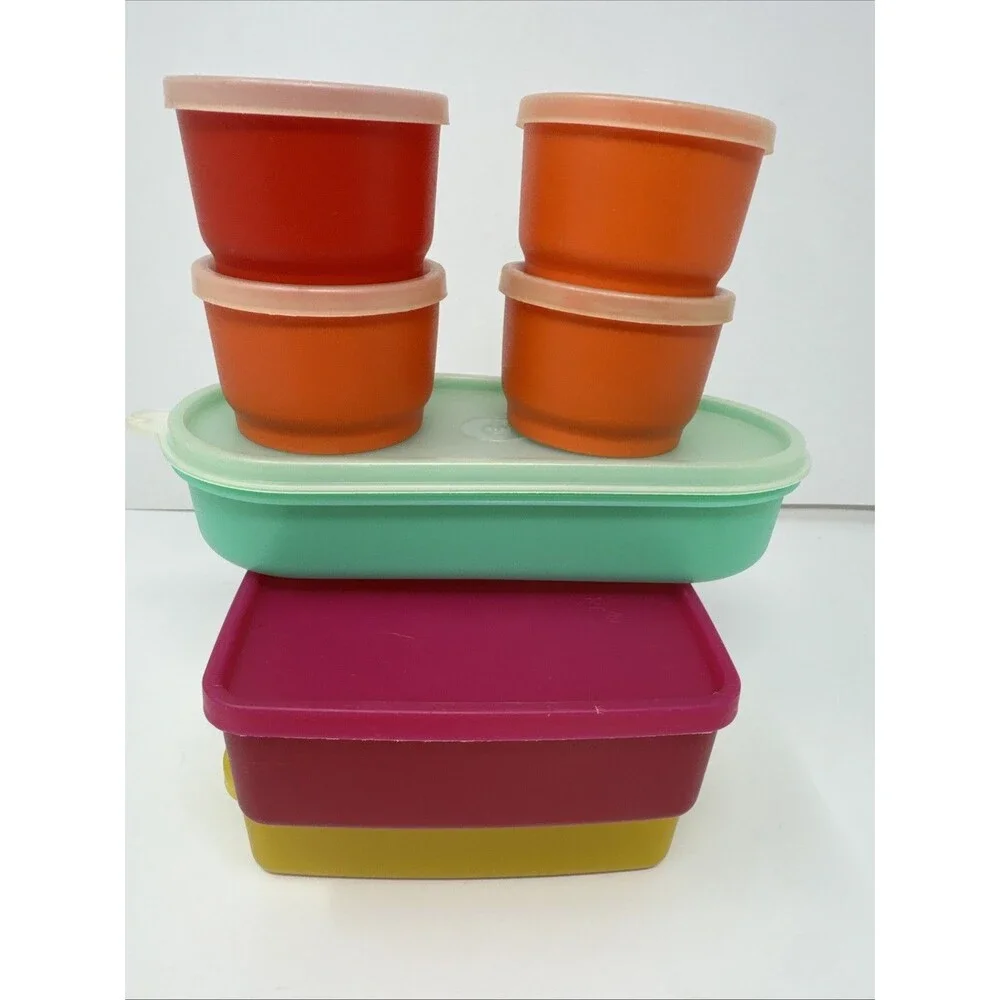 7x Vintage Tupperware Snack Set - 2 square away keeper 4 cups orange red yellow